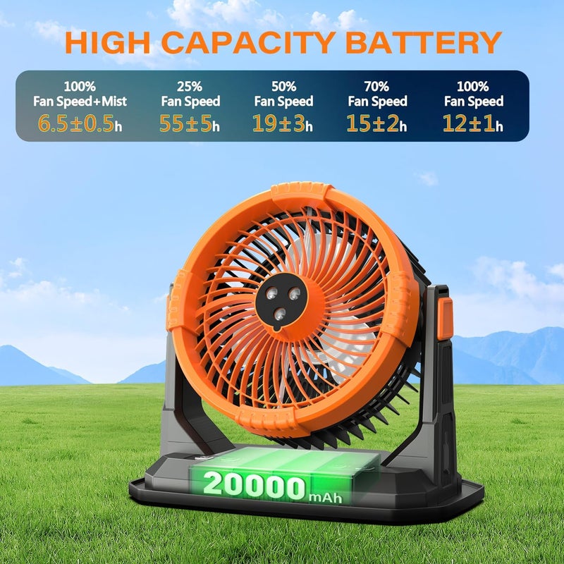 CCGIRU Camping Misting Fan with LED Lantern, 20000mAh Rechargeable Battery Operated Fan with 3 Large Spray Outlets & Hanging Hook, 4 Speeds,Remote Control for Camping, Fishing,Travel - Image 3